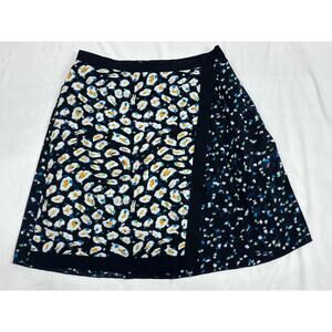 J.Crew Faux Wrap Pleated A-Line Skirt Black Blue White Graphic Mixed Print Sz 0
